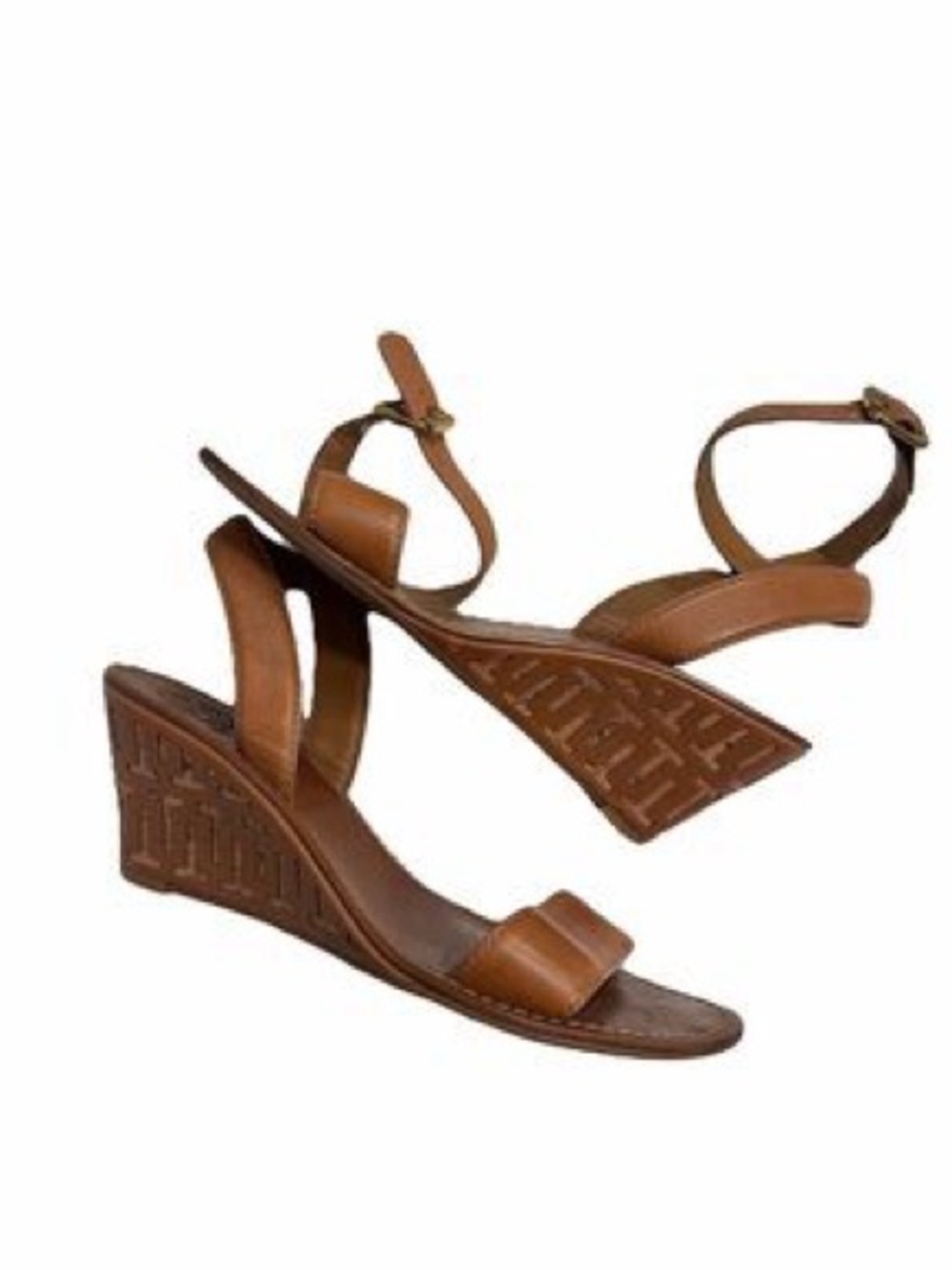 Tory Burch Cognac Leather Ankle-Strap Wedge Sandals